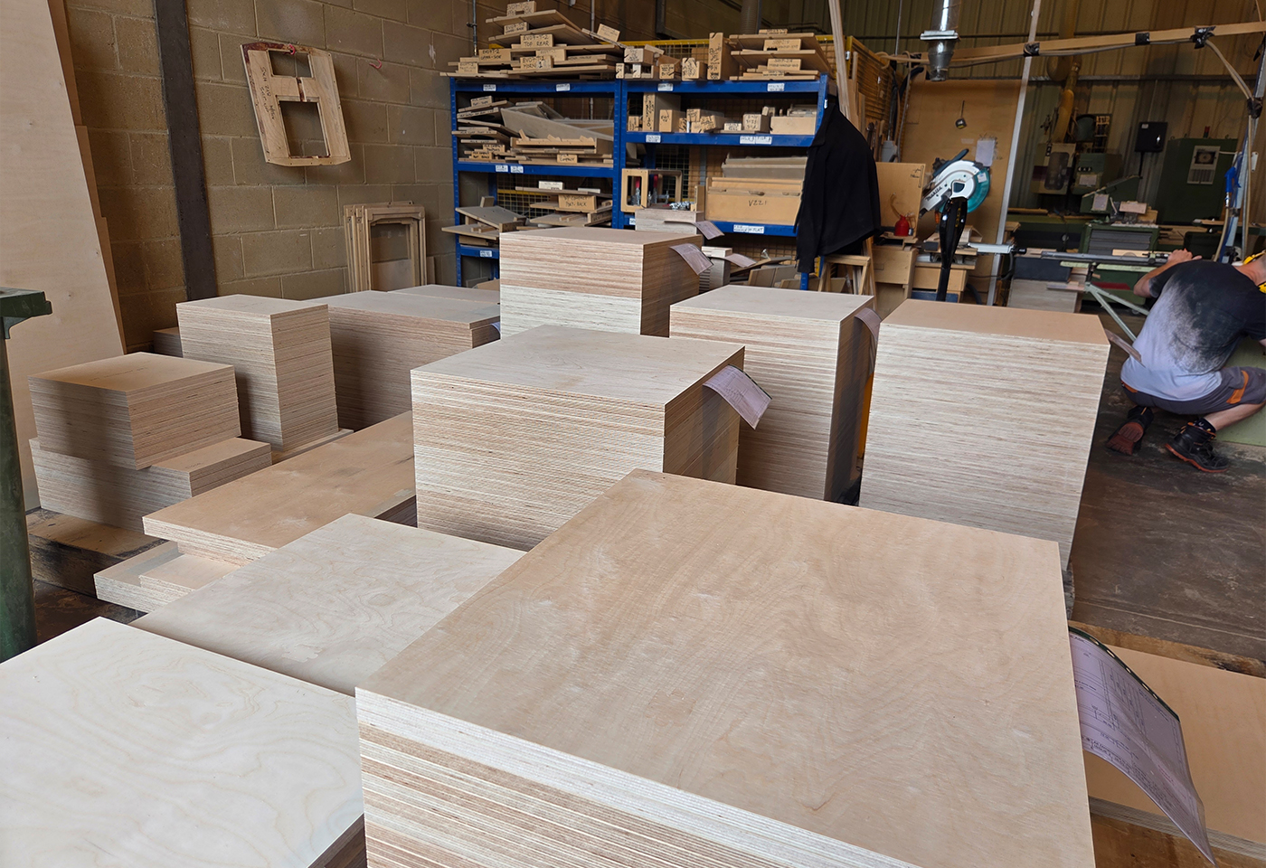 Engineering drawings and Baltic Birch material under review at the Sarivale workshop in Calne, Wiltshire.